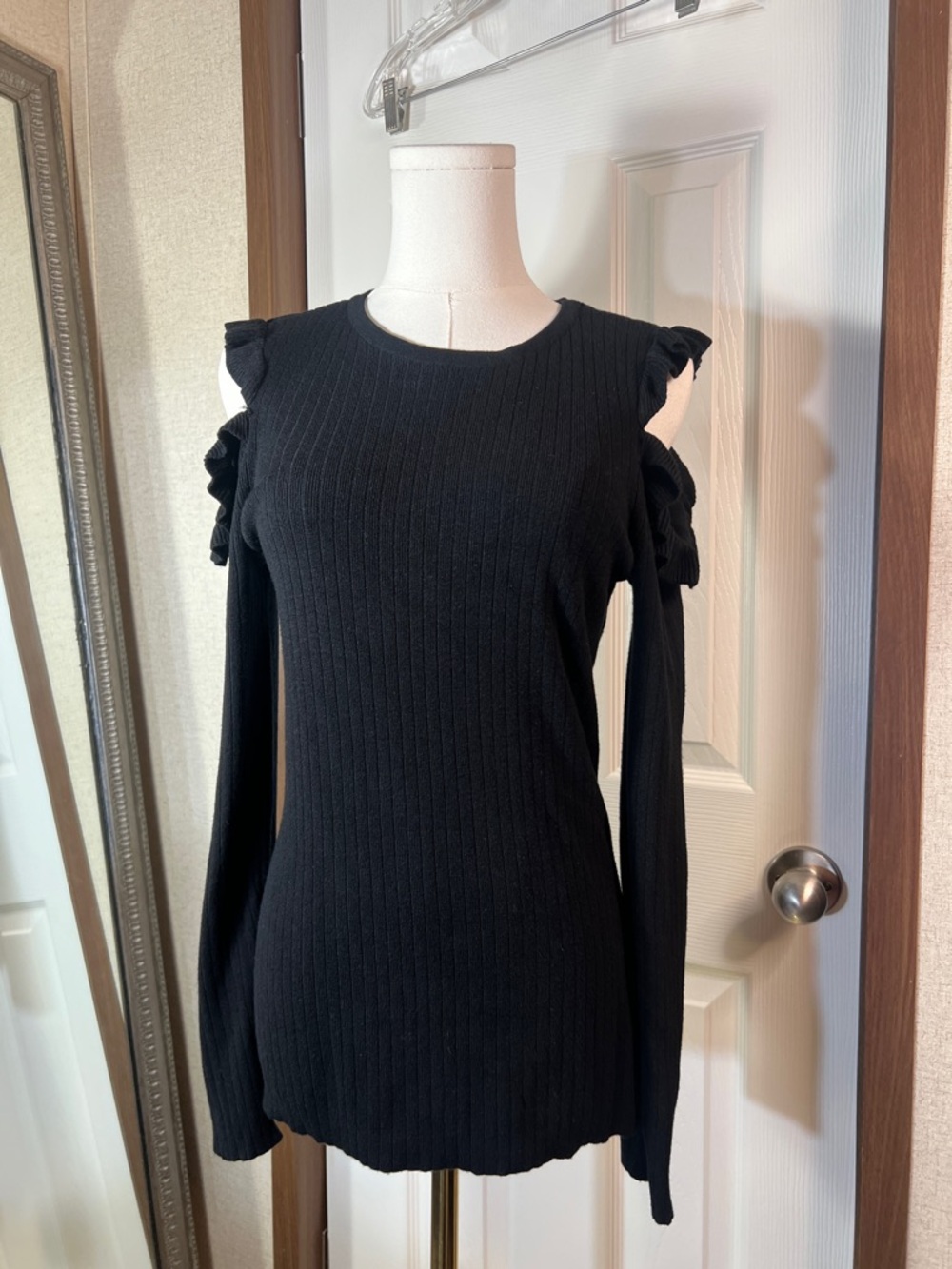 White House Black Market Black Cold-Shoulder Ruffle Knit Dress